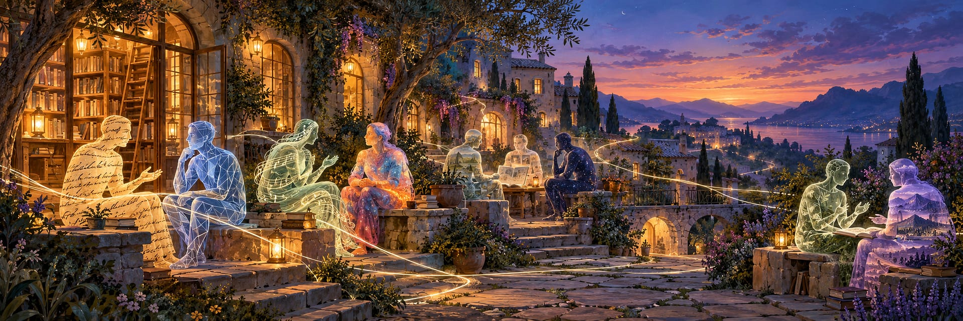 Luminous figures with distinct patterns converse beside a village library, connected by branching threads of light