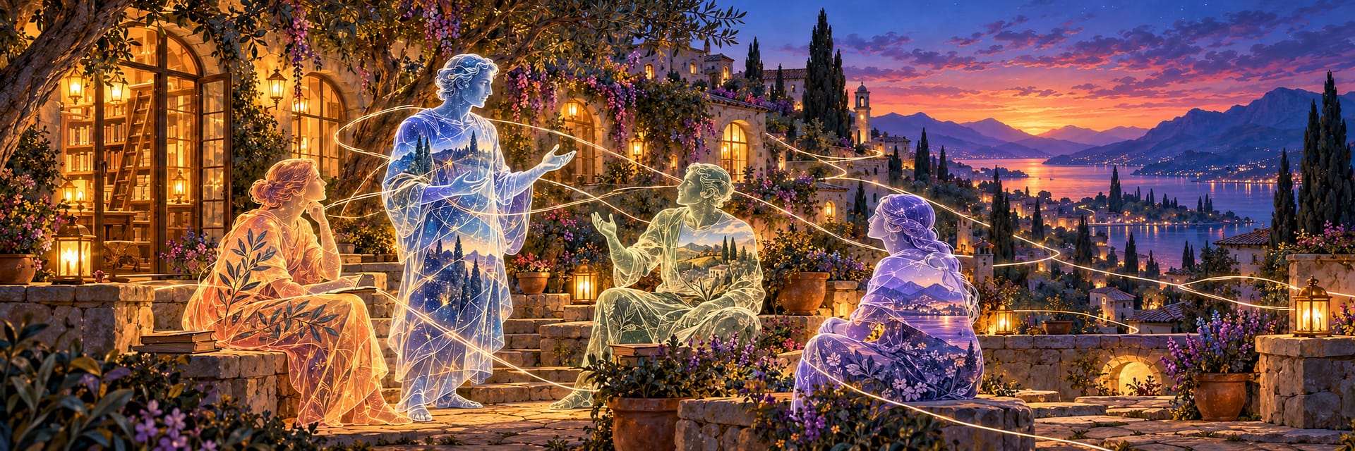 Twylight dialogue in a village courtyerd